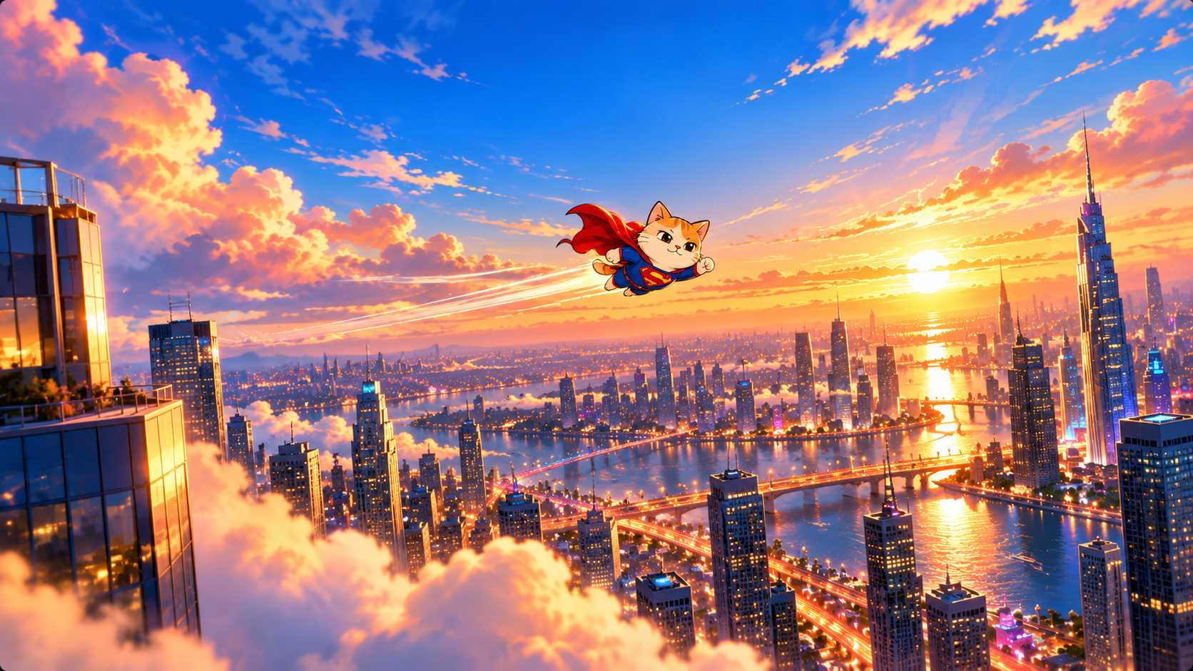 Cooper flying over the city at sunset